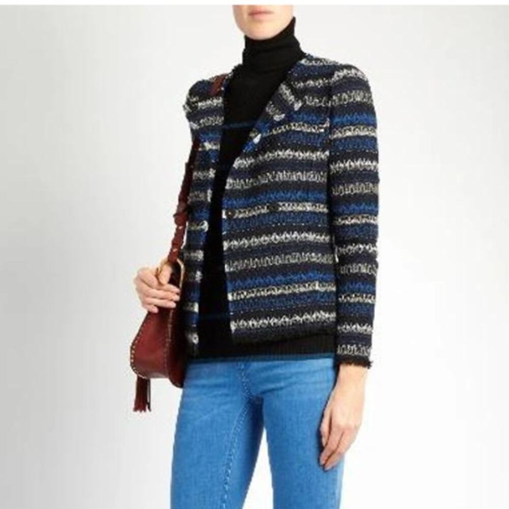 Rebecca Taylor Navy Striped Tweed Fringe-Hem Jacket Size 2